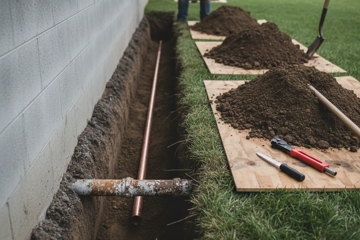 Excavated water line trench during Water Softener Installation in Cocolamus